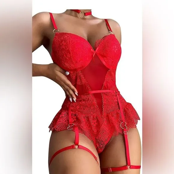 NWT Red Floral Lace Underwire Bustier Garter Set With Heart Choker - Picture 5 of 10
